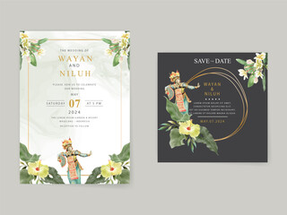 wedding invitation card template with exotic bali dancers watercolor illustration