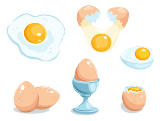Eggs cartoon. Set of whole eggs, broken eggs, fried eggs, yolks, eggshells and boiled eggs. Vector illustration. Isolated on white.
