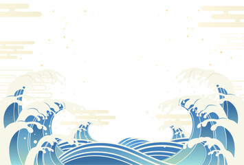 荒ぶる波しぶきの和風背景イラスト_横1