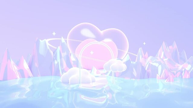 Looped surrealist heart shaped glass planet and glowing gate in the ocean animation.