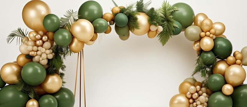 Autumn themed decorations for wedding ceremony and birthday party including green and brown balloons golden accents paper leaves and a photo wall