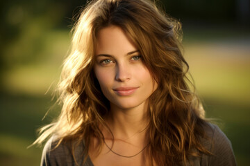 Naklejka premium Close up beautiful young woman with long hair looking at camera
