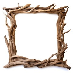 Square wooden frame from driftwood isolated on white background. Boho rustic style, top view - obrazy, fototapety, plakaty