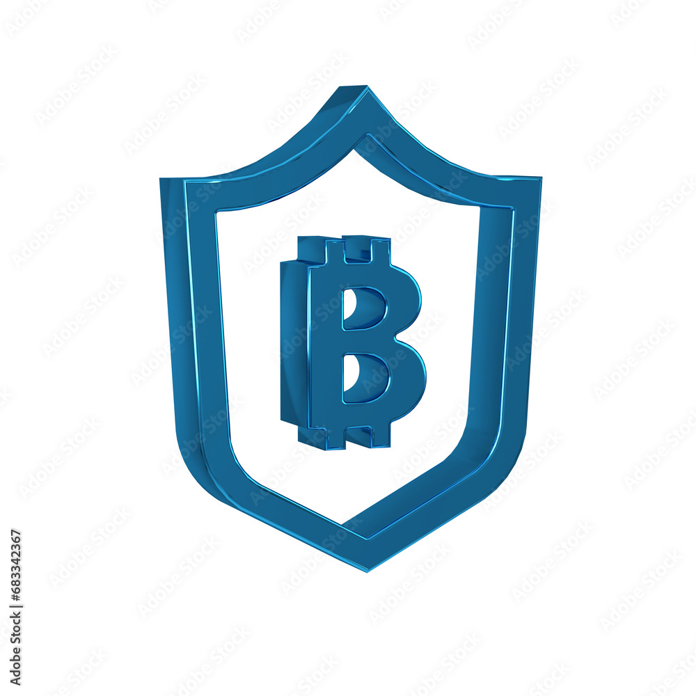 Sticker blue shield with bitcoin icon isolated on transparent background. cryptocurrency mining, blockchain 