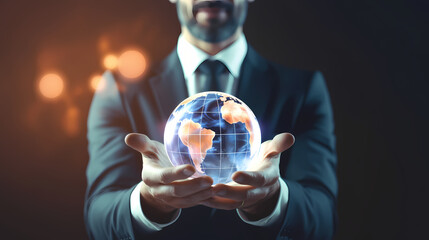 Business man holding the small world hologram technology, saving and connect global，PPT background