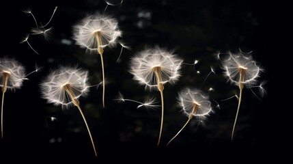 Dandelion seeds dispersed from the flower against a dark background, showing the characteristics of botany and the spread of flower growth.