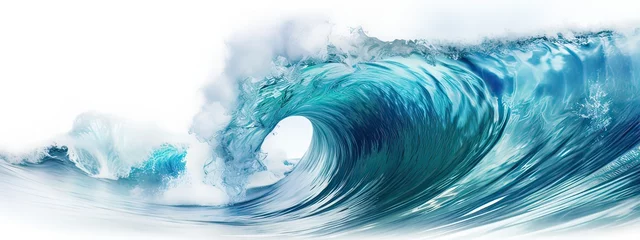Deurstickers Large stormy sea wave in deep blue, isolated on white. Nature of the climate. in front, Big breaking blue ocean wave. Surfing summer wave banner, fresh and spray, white background with copyspace © Eli Berr