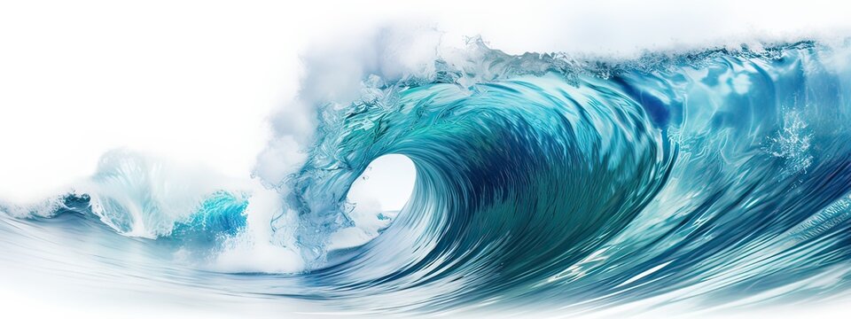 Large stormy sea wave in deep blue, isolated on white. Nature of the climate. in front, Big breaking blue ocean wave. Surfing summer wave banner, fresh and spray, white background with copyspace