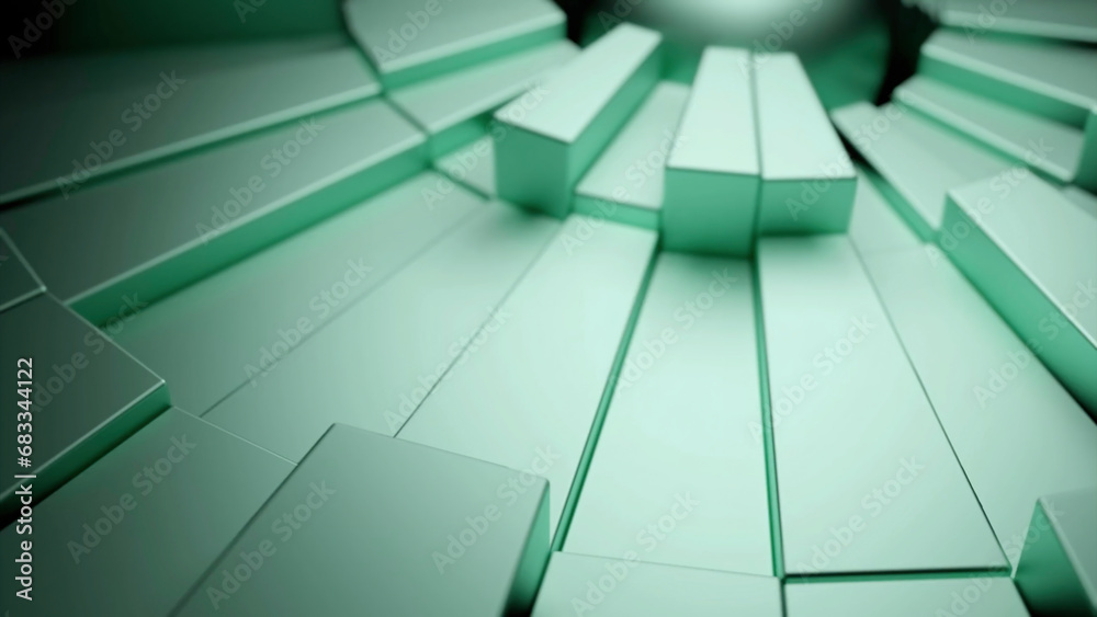 Poster cyberspace with spinning carousel of 3d rectangles. design. long blocks rotating around the sphere.