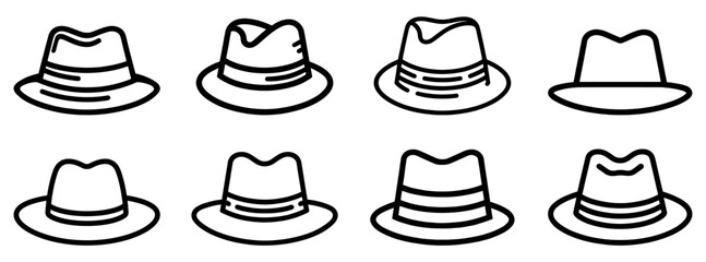 Fedora hat icon. Collection of line art drawings of various fedora hats. - obrazy, fototapety, plakaty