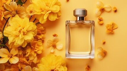 Elegant perfume bottle in top view with oud and flowers against a yellow backdrop. Concept of cosmetics, aroma, and perfumery - obrazy, fototapety, plakaty