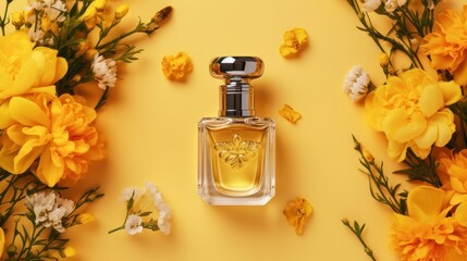 Elegant perfume bottle in top view with oud and flowers against a yellow backdrop. Concept of cosmetics, aroma, and perfumery