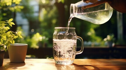 Water from a jug pouring into a glass on an outdoor wooden table. Drinking water with sunlight streaming in against a backdrop of lush greenery.