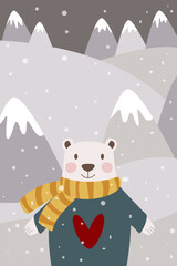 Christmas greeting card with polar bear in sweater in mountain landscape. Winter decorative design element