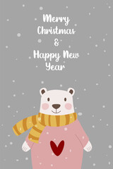 Christmas greeting card with polar bear with yellow scarf. Winter decorative design element