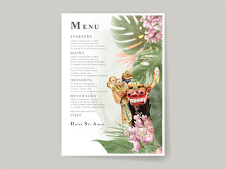 wedding invitation card template with exotic bali dancers watercolor illustration