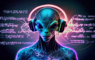 A close-up shot of an alien wearing big cool headphones, listening to music, and feeling the energy, which is shown as colored glowing codes on the background, green, neon, and pink colors, fantasy wo