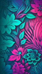 Floral background wiuth leaves and flowers in cyan and magenta colors