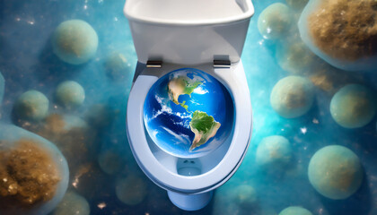 Obraz na płótnie Canvas Carelessly flushing the future of Planet Earth down the toilet - Taking care of Planet Earth and saving the environment