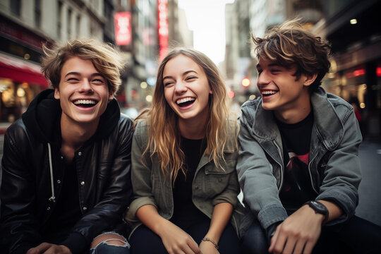 Happy teenager friends having fun on city street, people enjoy laughing. Friend, lifestyle concept
