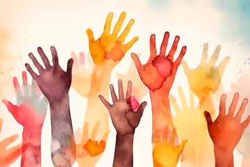 Generative ai watercolor illustration of a group of diverse people with the arms and hands raised towards hand painted hearts.
