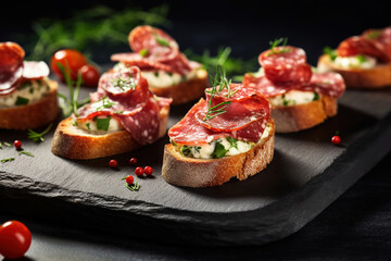 Canape with toasted baguette, salami on dark background