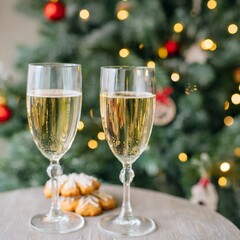 Two glasses of champagne new year eve celebration christmas toast cheering winter season holidays