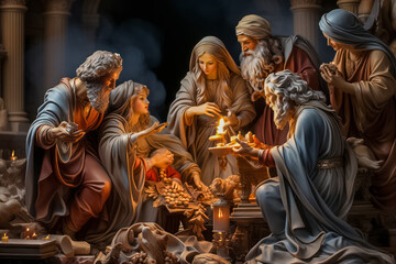 Weihnachtskrippe, Krippenszene mit Holzfiguren, Generative AI