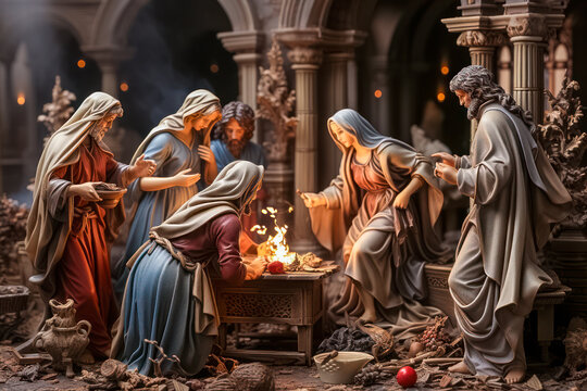 Weihnachtskrippe, Krippenszene mit Holzfiguren, Generative AI