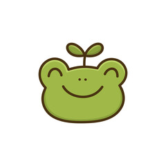 Cute funny face or head frog with green sprout. Kawaii toad character. Cartoon animal. Colorful vector illustration on white background