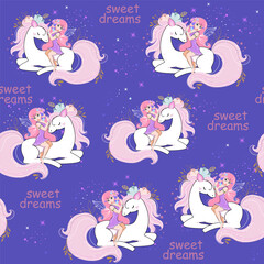 Cute unicorn, fairy and flowers seamless pattern. Vector illustration for t-shirt design, nursery for kids