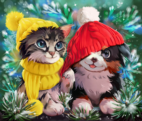A cat in a yellow suit and a puppy in a red hat - 683349144