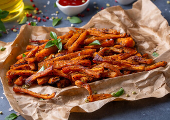 Sweet potato fries homemade roasted in the oven