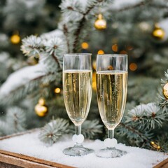 Two glasses of champagne new year eve celebration christmas toast cheering winter season holidays