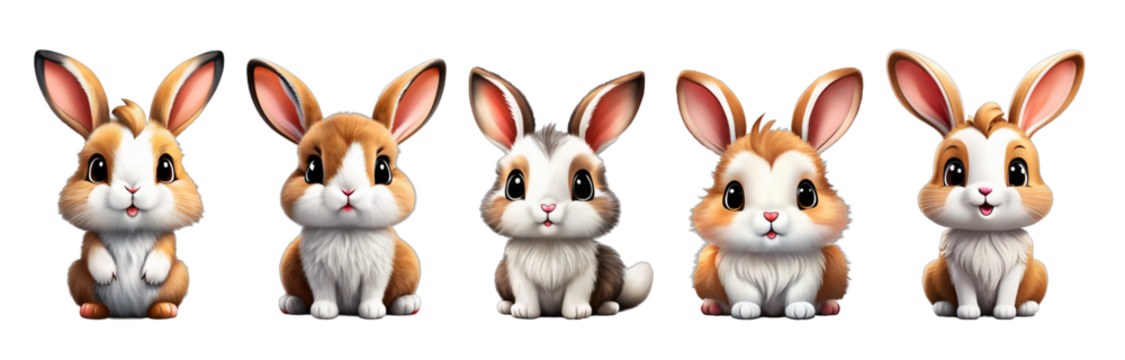 Set of abstract 3d rendered cute rabbit cartoon characters isolated on transparent background PNG AI Generative
- Powered by Adobe