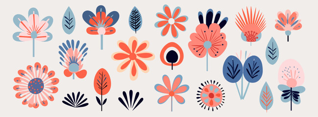 Set of drawn flowers. Drawing style. Various colorful flowers for drawing, textile. Interior painting. flat design. Hand drawn fashion vector illustration. Each flower is isolated.