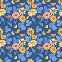 Beautiful blooming flowers design on blue color background seamless pattern. Can be used for fabric textile wallpaper.