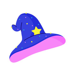 Cartoon magic witch hat stargazer wizard magician. Halloween stickers. Neon bright colors. Cool dark cartoon printable flat vector illustration for textile, fabric, wallpaper, wrapping.