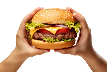 Hands holding hamburger on transparent background, png. Hand with tasty burger
