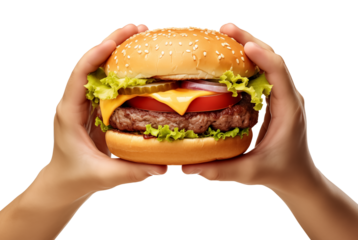 Hands holding hamburger on transparent background, png. Hand with tasty burger
