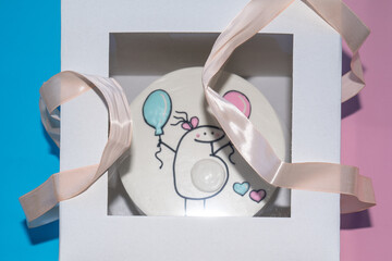baby gender reveal cute cake print: pregnant woman with pink and blue balloons. Celebration party...