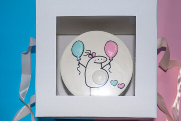 baby gender reveal cute cake print: pregnant woman with pink and blue balloons. Celebration party cake in white cover box