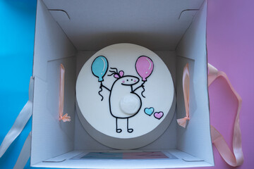 baby gender reveal cute cake print: pregnant woman with pink and blue balloons. Celebration party...