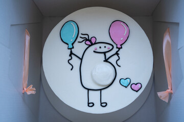 baby gender reveal cute cake print: pregnant woman with pink and blue balloons. Celebration party...