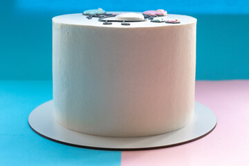 baby gender reveal cute homemade cake: pregnant woman with pink and blue balloons. Celebration party cake. Baby shower. Boy or girl?