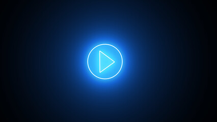 Glowing blue color play button on black background. Play right navigate triangle arrow start button. Neon glowing play button with neon circle - obrazy, fototapety, plakaty