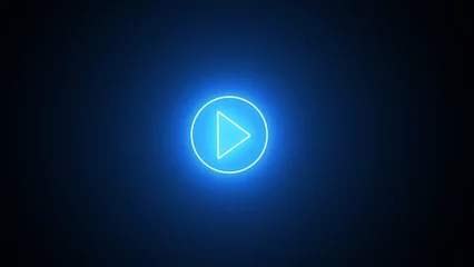Foto op Plexiglas Glowing blue color play button on black background. Play right navigate triangle arrow start button. Neon glowing play button with neon circle © MDSHAFIQUL