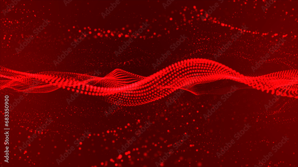 Poster flowing red dots and particles on a red background. abstract digital particle and dots wave and ligh