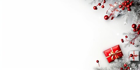 Fototapeta na wymiar Festive flair. Artistic red ball on white background creating romantic and elegant christmas card design. Winter wonderland. Vibrant ornament framed in perfect for seasonal holiday banner