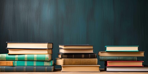 Stack of books on wooden table against a wooden background